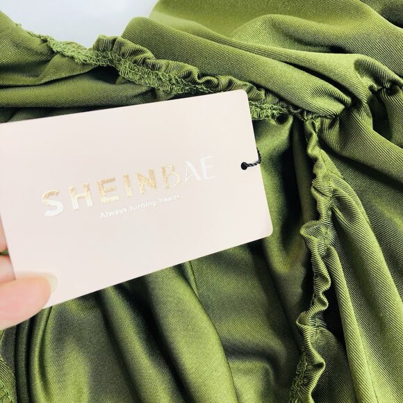 Bandeau Ruched Knees Length Dress Olive Green Cocktail Date Night Event Elastic - Picture 7 of 7